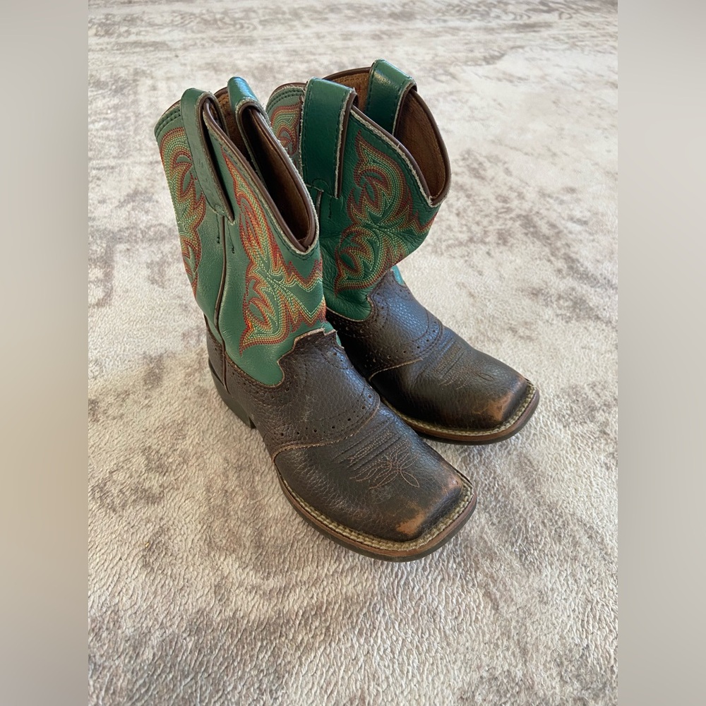 Justin Kids Youth Square‎ Toe Boots Stampede 7201JR Brown and Green Leather 10 D